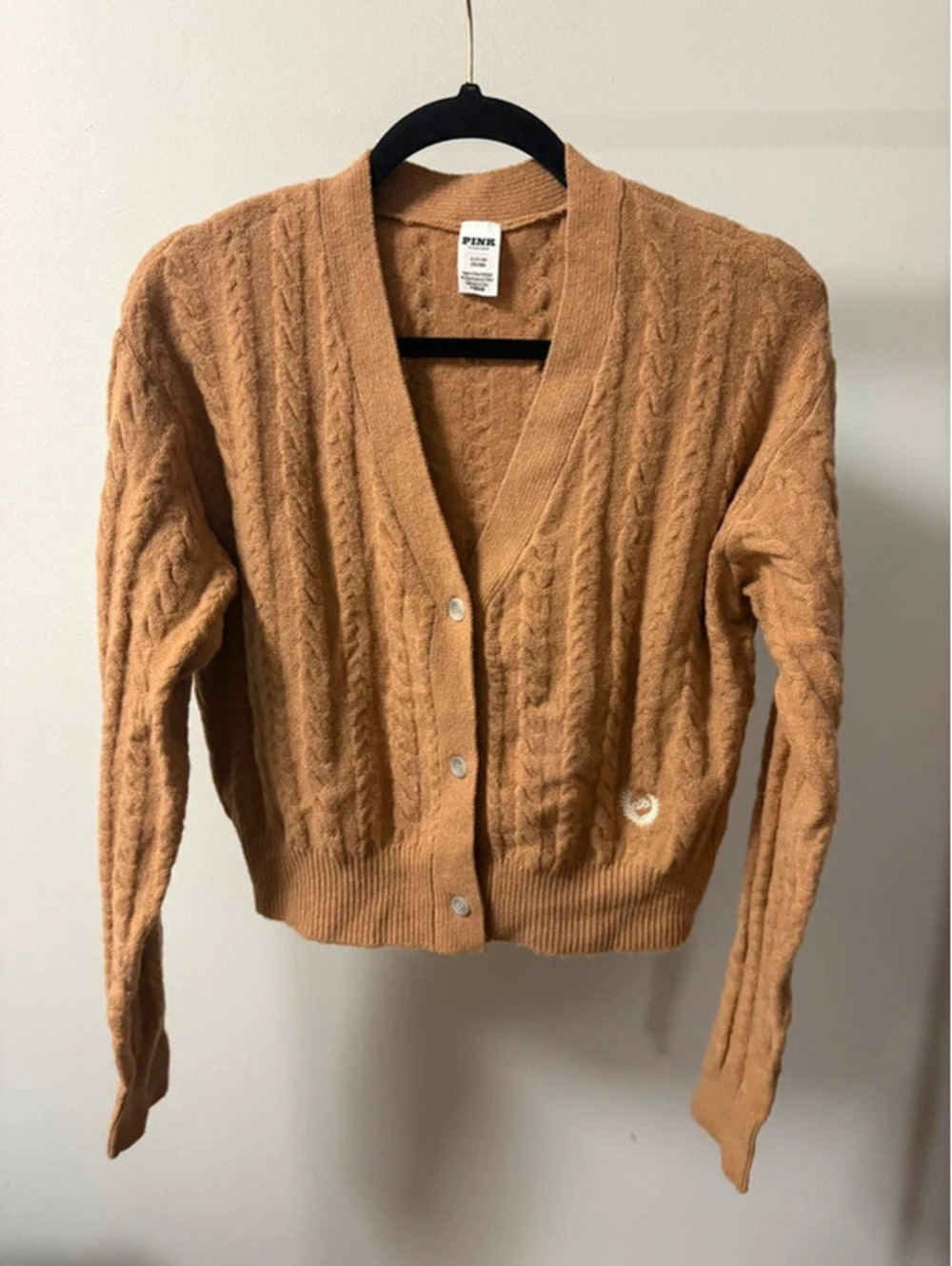 Preppy Y2K Victoria's Secret PINK S Brown Cable Knit Logo Cardigan Sweater